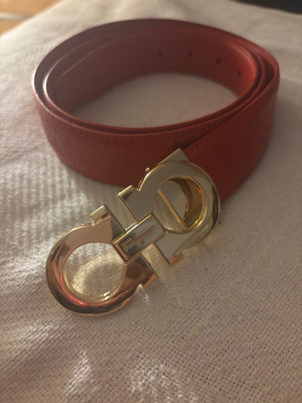 Like Salvatore Ferragamo  Orange Leather Belt with Gold Double Gancini Buckle